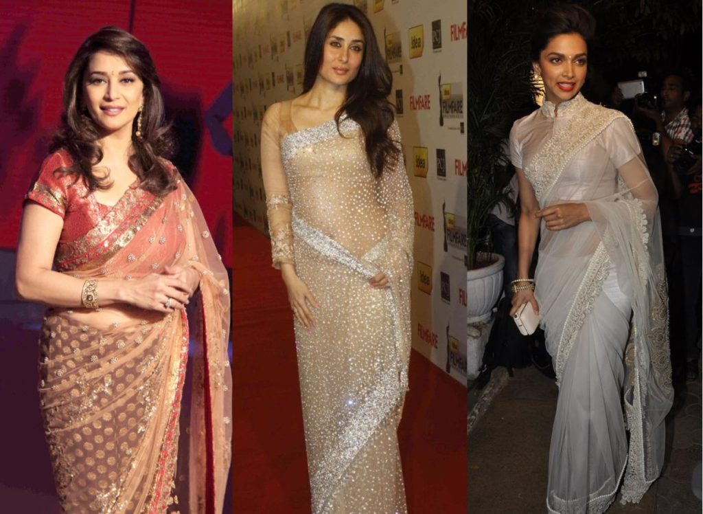 Deepika Padukone, Madhuri Dixit, and Kareena Kapoor Beautiful Transparent Saree