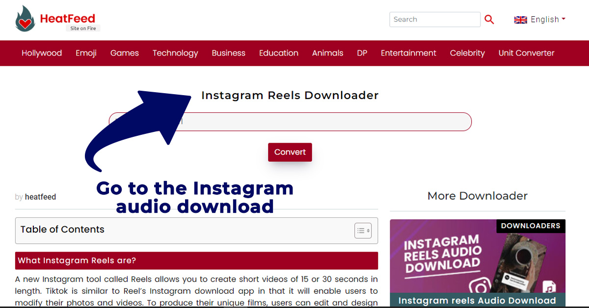 If you want to download Instagram reels song download, then follow the given step to step process. You can easily download your desired Instagram audio. So let's get right to it. Open Instagram Open Instagram and look for the reel whose audio you want to download. Copy Reels Audio Copy the URL for the reel by first clicking the three dots (...). Open Heatfeed Instagram reels song download Open your browser and go to Heatfeed’s Instagram reels song download. Paste reel Link Over there is a search box; paste the copied link into this box. Click on Convert button Now select "Convert," and a few options for file size will appear. Click on Download button Click the “Download” button after selecting the choice that is most suitable for you.